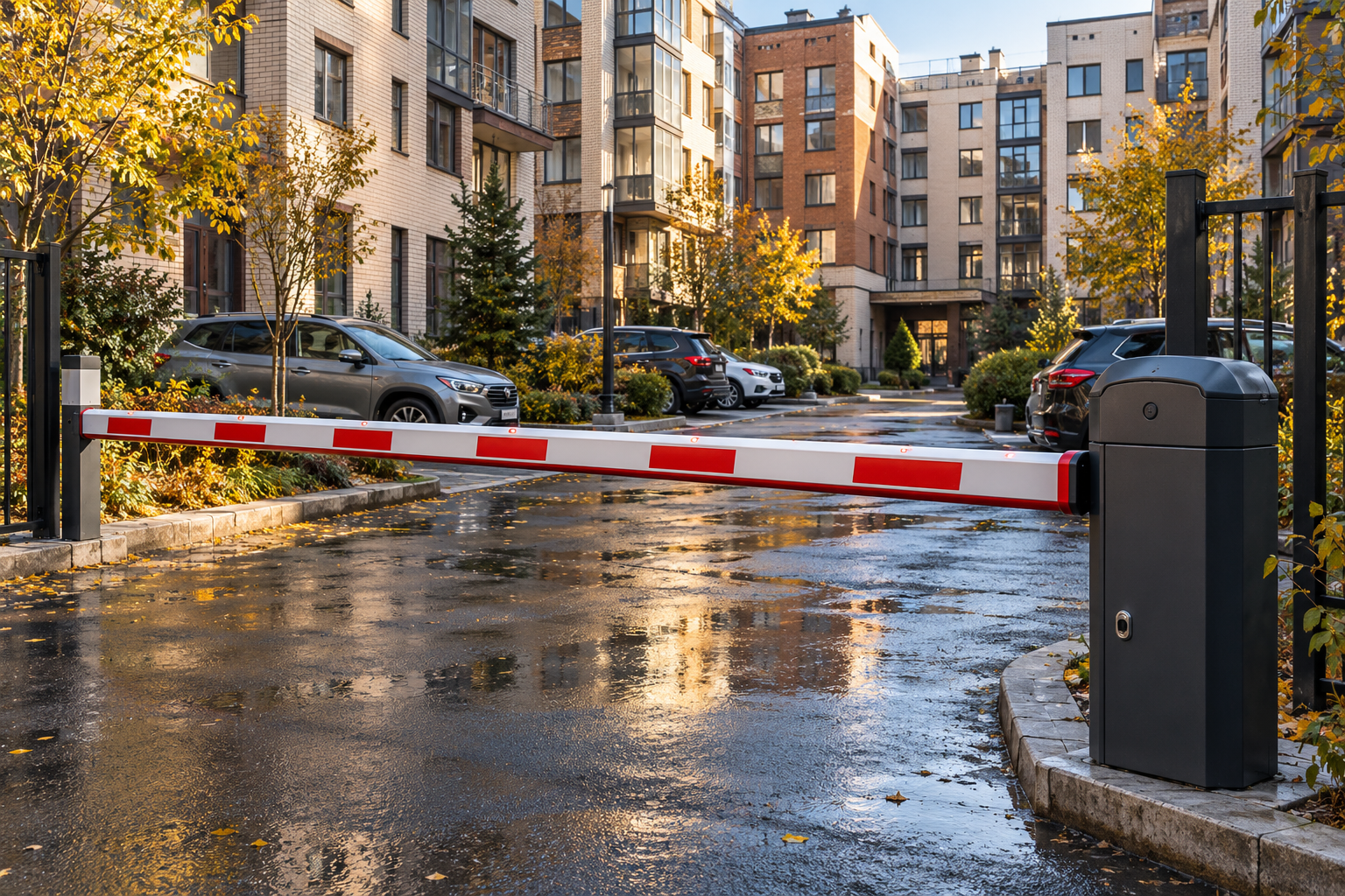 Красно-белый шлагбаум перекрывает въезд в жилой двор