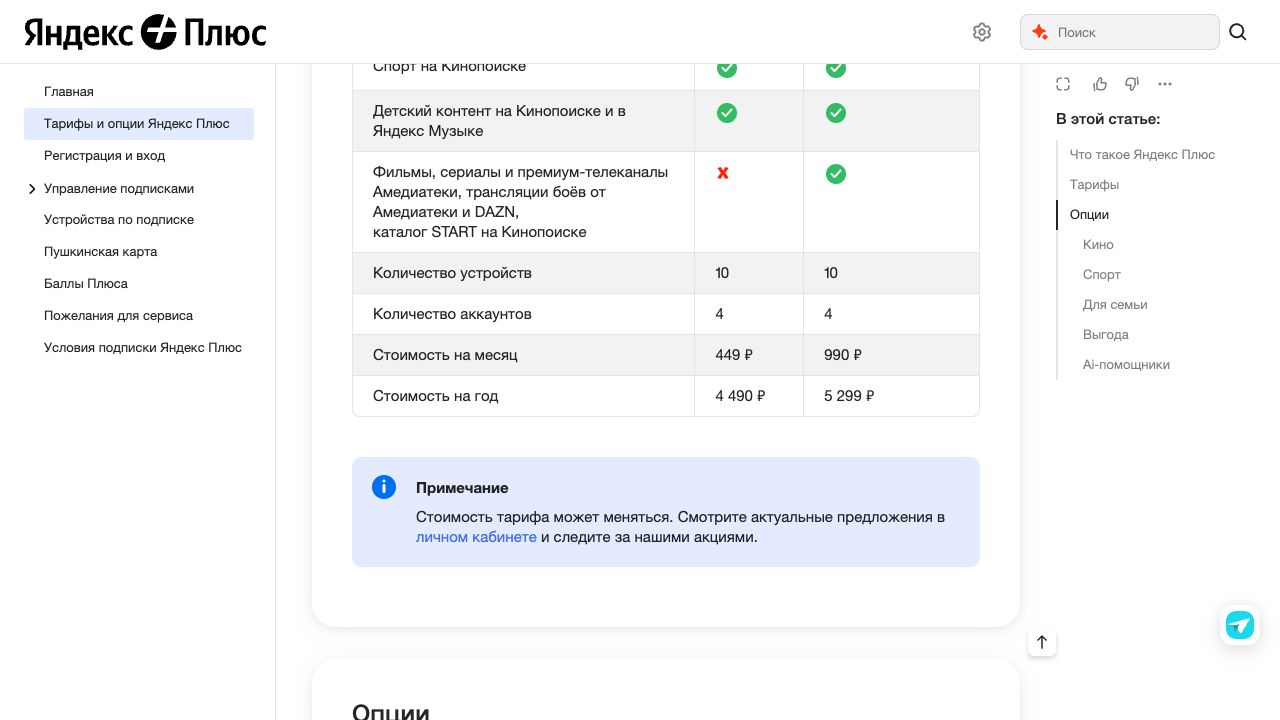 Фрагмент справки Яндекс Плюса: в первом столбце цен 449 рублей за месяц и 4490 рублей за год; ниже предупреждение об изменении стоимости